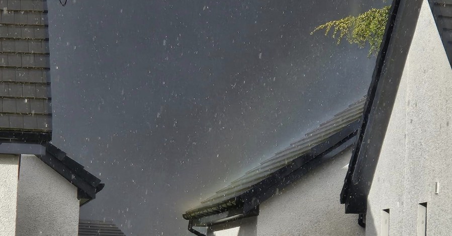 In the midst of a heavy rain shower, sun on one side of the house, rain on the other, a rainbow appeared in the spray of a rooftop.