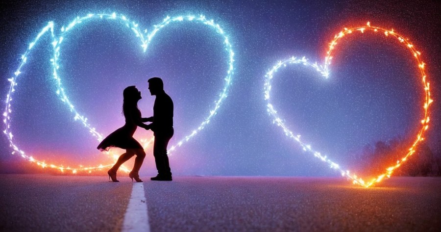 Two people dancing in twilight with hearts