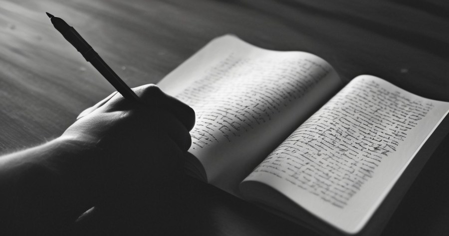 Hand writing in book with what looks like an upside down pen.