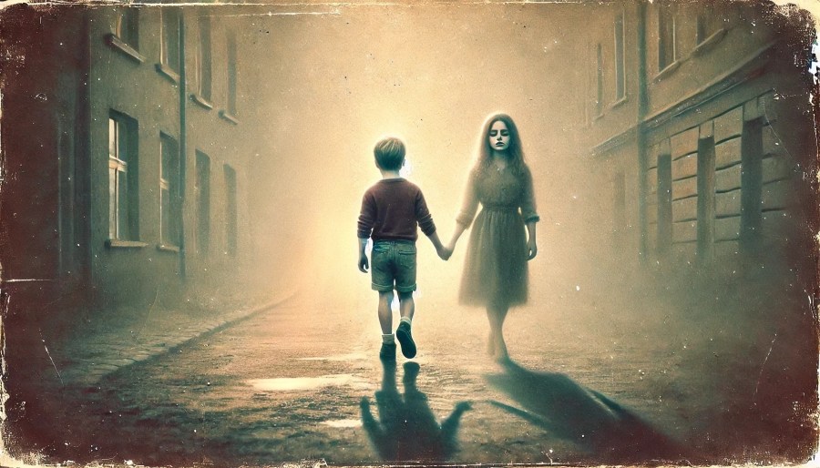 DALL·E 2024-06-18 10.41.25 - A melancholic scene reflecting the journey from childhood love to heartbreak. The background is serene and understated with soft, blended tones, focus