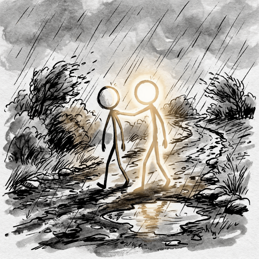 Two stick figures walking on a rainy, muddy path, one comforting the other by placing a hand on their shoulder.