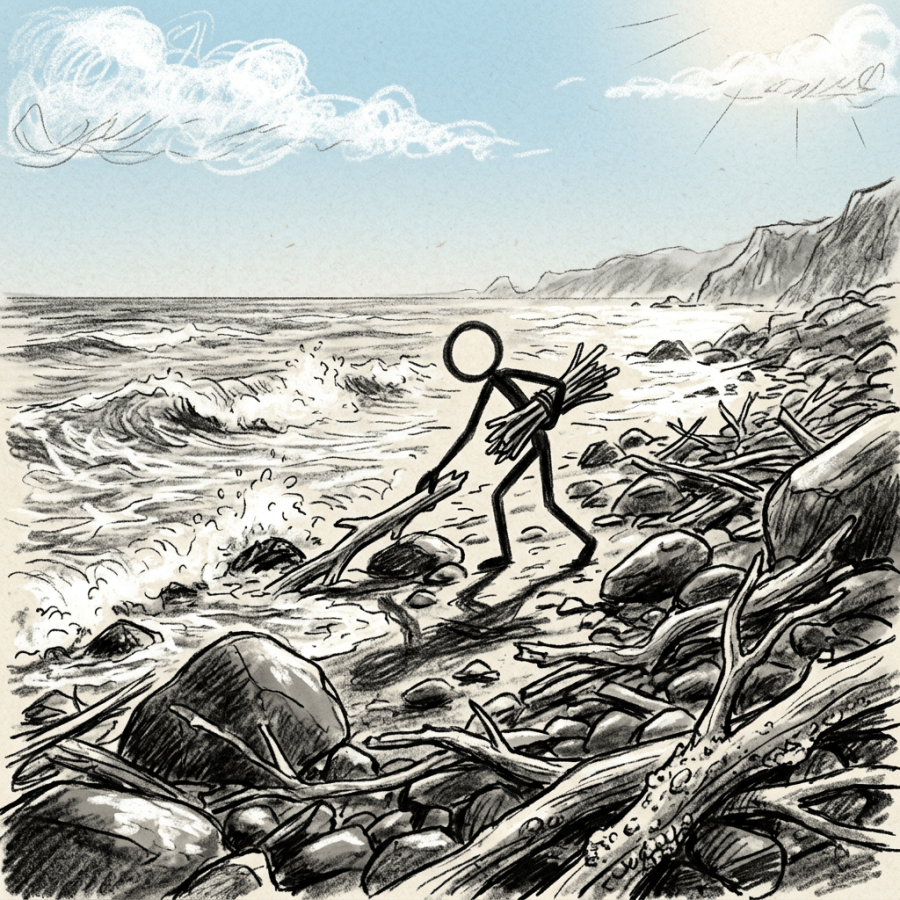 Stick figure collecting driftwood on a rocky beach by the ocean