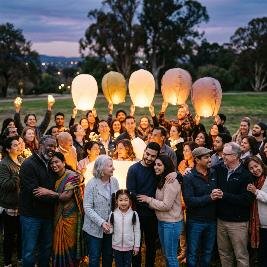 Group of people outdoors holding lit lanterns and string lights during evening celebration