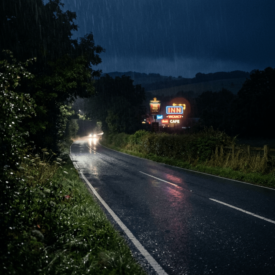 Rainy country road beside illuminated inn, vacancy, and café signs